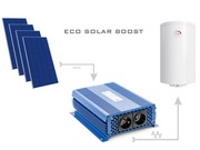Przetwornica Solarna ECO Solar Boost MPPT-3000 3kW Solarna przetwornica napięcia od zasilania bojlerów grzewczych bezpośrednio z paneli PV Przetwornica ECO Solar Boost MPPT-3000 pozwala na bezpośrednie zastosowanie systemów paneli fotowoltaicznych do zasilania rezystancyjnych urządzeń grzewczych, takich jak bojlery elektryczne, grzejniki, maty grzewcze itp.
System jest prosty, wymaga jedynie podłączenia odpowiedniej ilości (od 4 do 9 sztuk) typowych paneli fotowoltaicznych o napięciu roboczym około 32V lub odpowiedniej ilości innych, oraz odbiornika energii np. bojlera elektrycznego, ogrzewanie podłogowe.
Prąd stały wytwarzany w panelach, którym nie można bezpośrednio zasilać urządzeń grzewczych, zostaje w przetwornicy zamieniony na prąd przemienny, którym można już zasilać urządzenia grzewcze.
Maksymalna moc sytemu to 3kW, przetwornica posiada wyjście priorytetowe numer "1" oraz wyjście zależne numer "2".
Schemat instalacji


Pozwala to na podłączenie dwóch urządzeń grzewczych np. dwóch bojlerów, z których jeden będzie nagrzewany jako pierwszy, a drugi w sytuacji gdy termostat tego pierwszego przerwie odbieranie energii z przetwornicy. Dzięki zaimplementowanej funkcji MPPT, przetwornica automatycznie przystosuje się do
mocy grzałki i tak ustawi swój punkt pracy, aby energia odbierana z systemu paneli fotowoltaicznych była maksymalna.

UWAGA !    Urządzenia grzewcze z regulatorami elektronicznymi mogą być zasilane tylko z wyjścia numer 1.
W tabeli poniżej przedstawiono sposób doboru optymalnej grzałki w zależności od mocy i napięcia systemu PV. 
Dobór optymalnej grzałki gwarantuje największą skuteczność sytemu PV do grzania wody.



Jak widać realna moc grzałek 230V mocno zależna jest od napięcia systemu PV, kolorem zielonym oznaczone są grzałki optymalne, pomarańczowym zbyt słabe, czerwonym zbyt mocne.